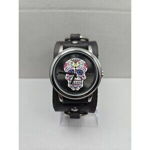 Nemesis Sugar Skull Gray Dial Leather Cuff Watch Day Of Dead Quartz New Battery